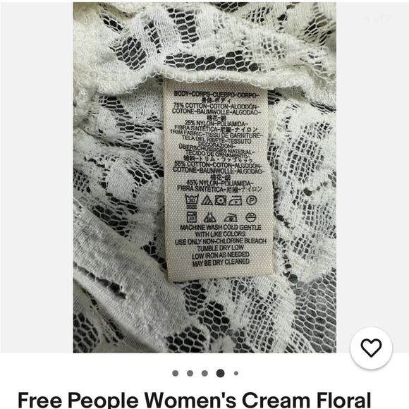 •Free People• ivory/cream floral lace top with ruffles & 3/4 length bell sleeves - Picture 5 of 5